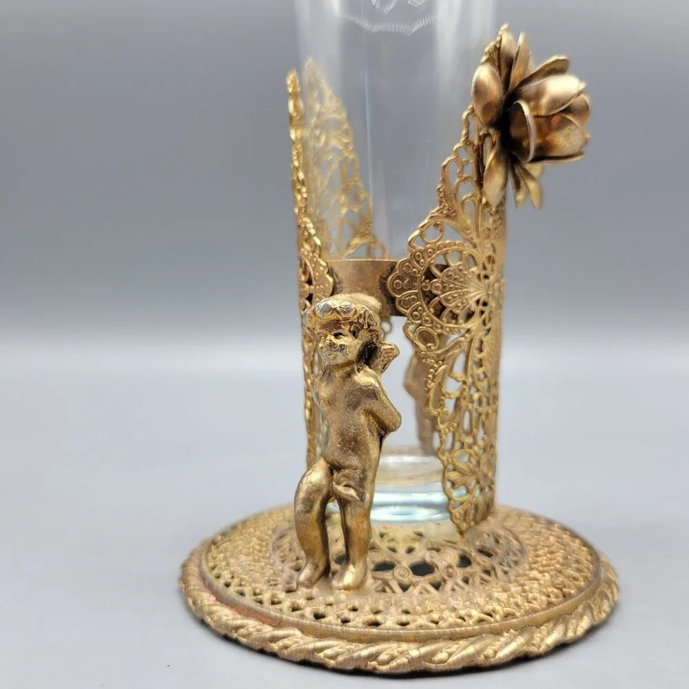 Antique Vintage Gold Brass Filigree Fluted Bud Vases Cherub Figural Design - Picture 9 of 16